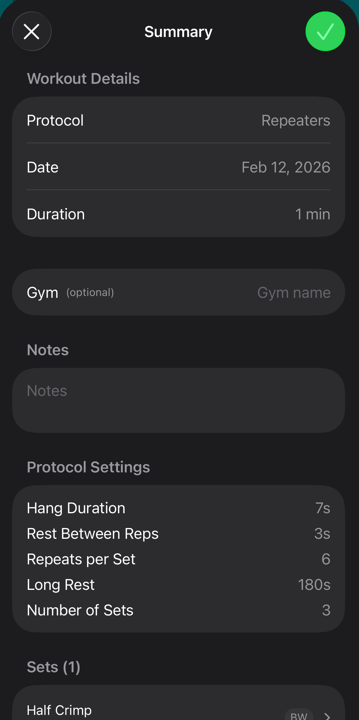 Hangboard workout summary showing completed sets and stats