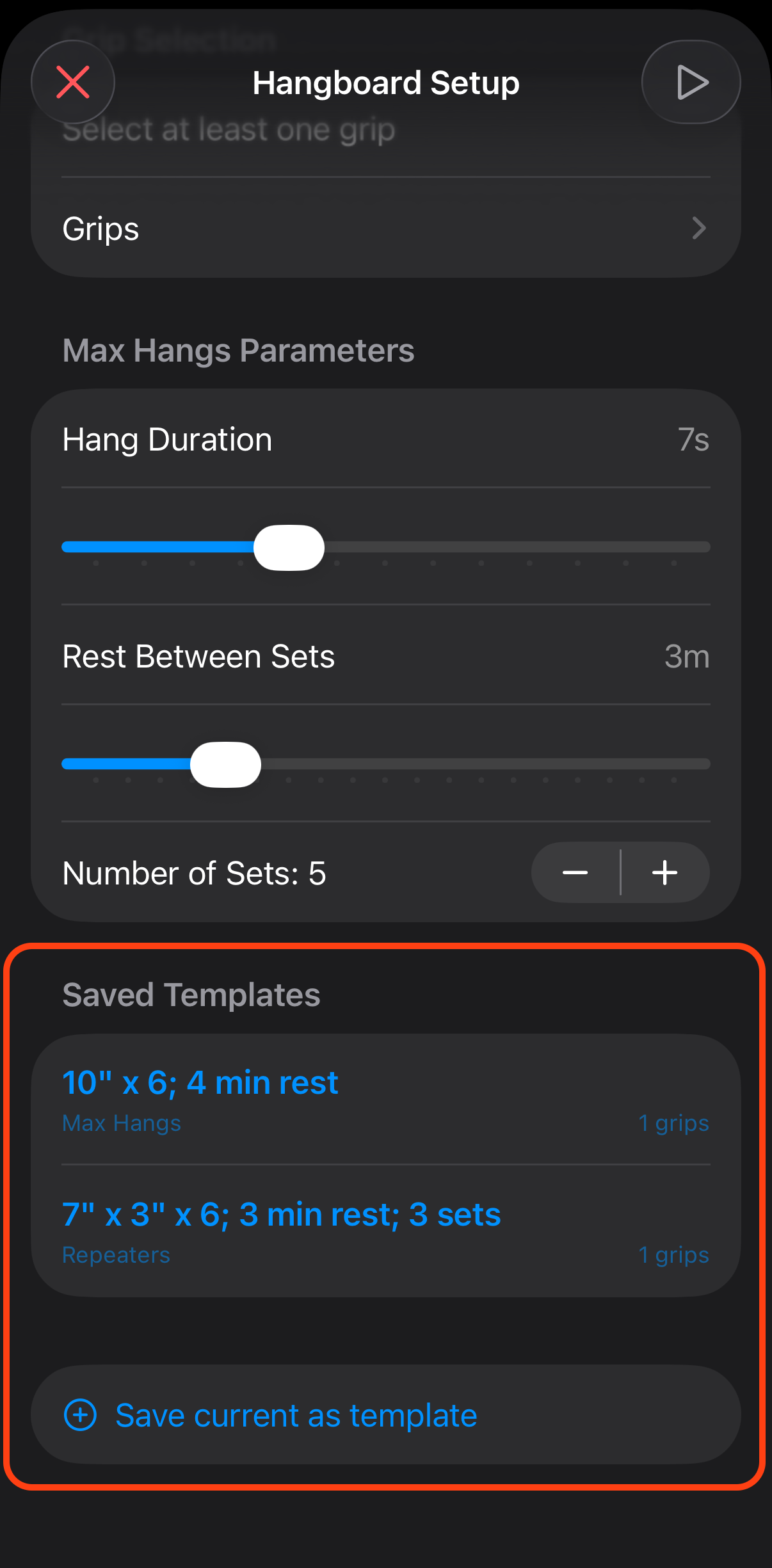Saved hangboard protocol templates list for quick access