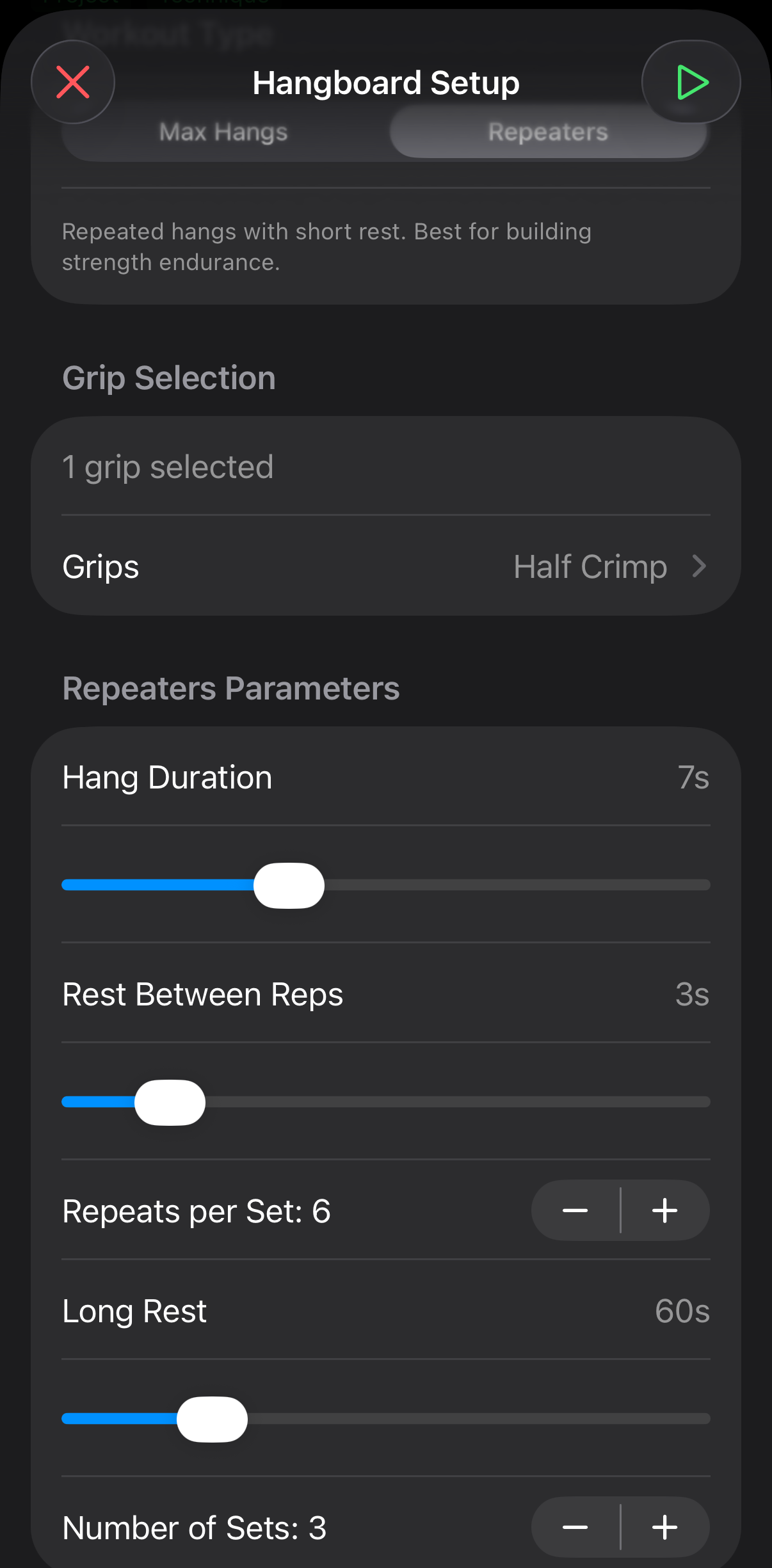 Hangboard protocol setup screen configuring sets, hangs, and rest times