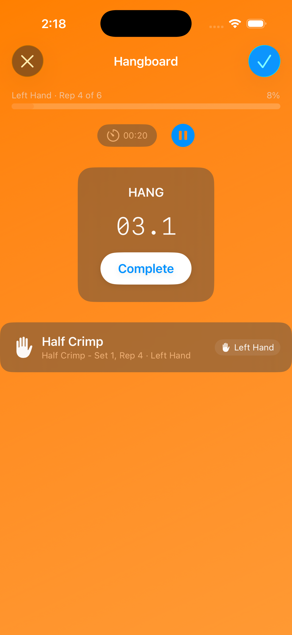 Hangboard workout with countdown timer and rep tracking